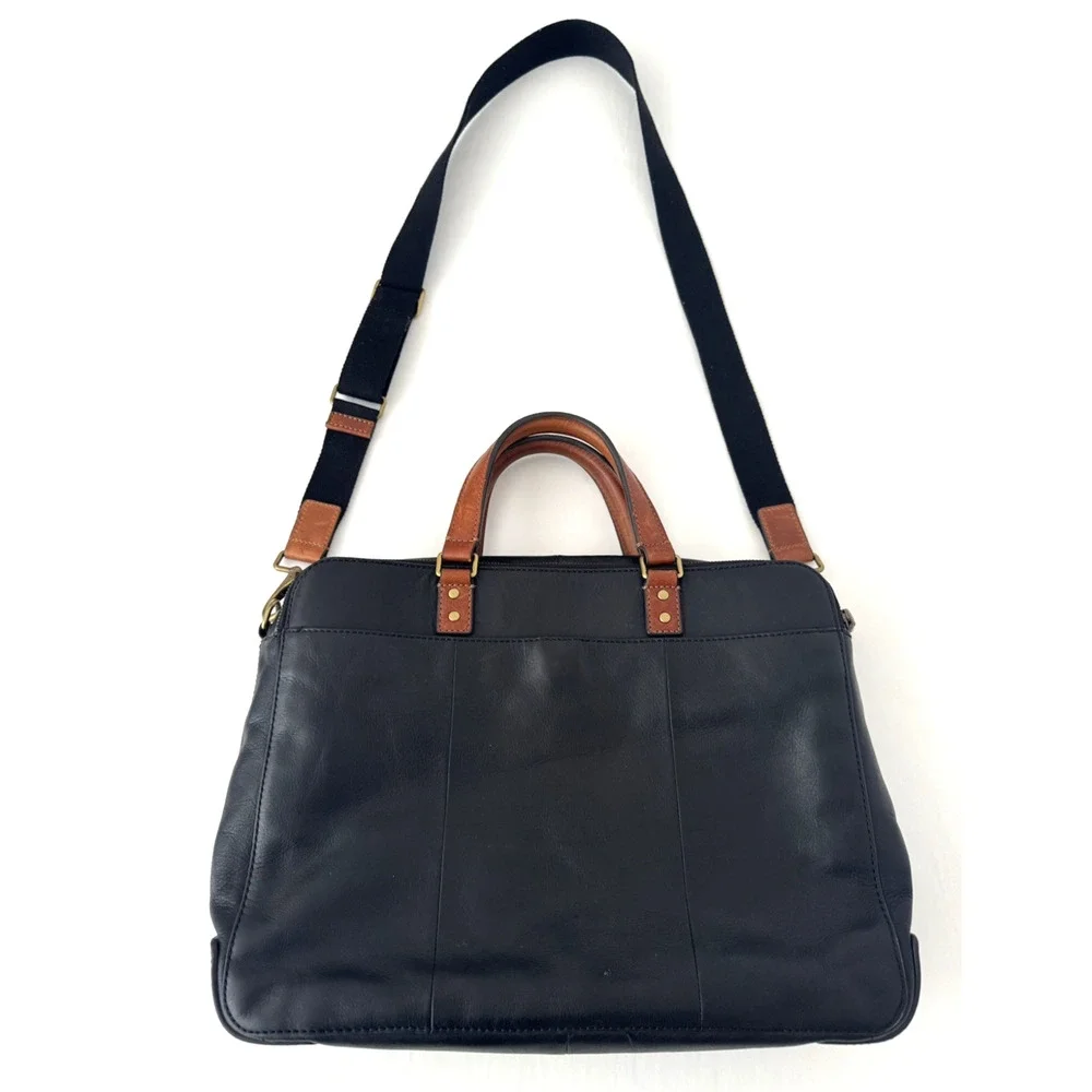 Fossil Defender Briefcase Black Leather Top Handles Crossbody Strap Double Zip